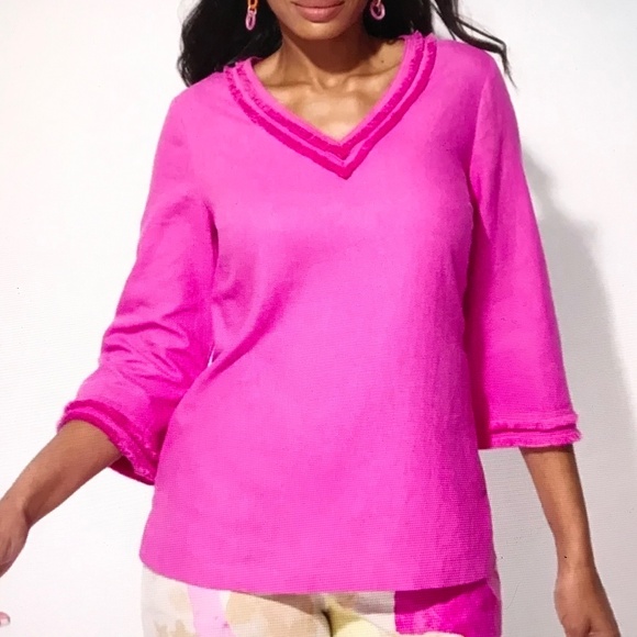 CHICO’S Linen Blend Popover Top 3/4 Sleeves Fray Trim Women’s Size XL Size 3 - Picture 1 of 16